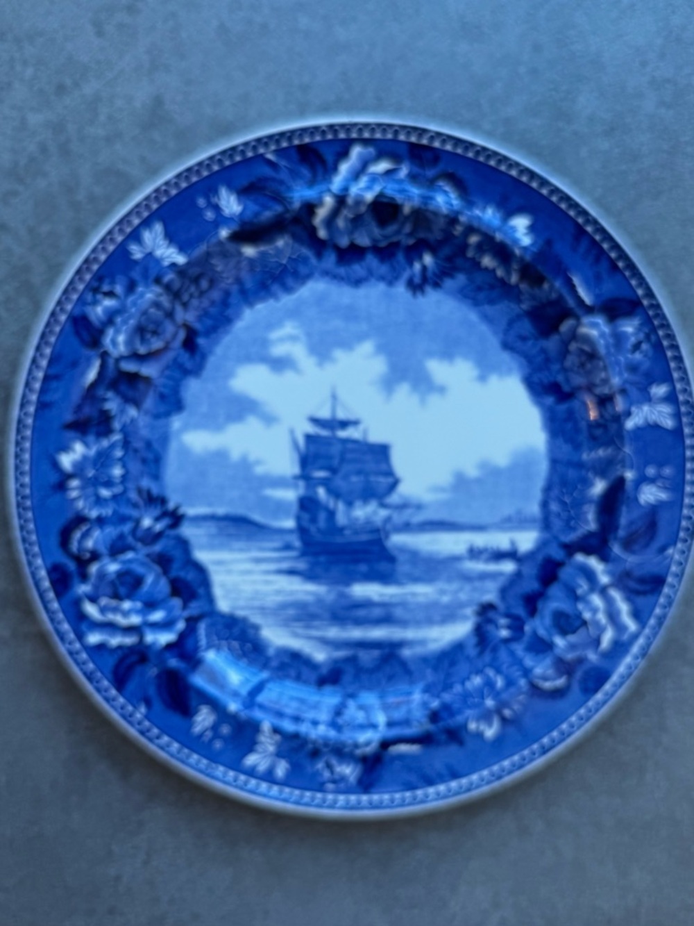 Wedgewood Blue Transferware Plate with Mayflower Motif